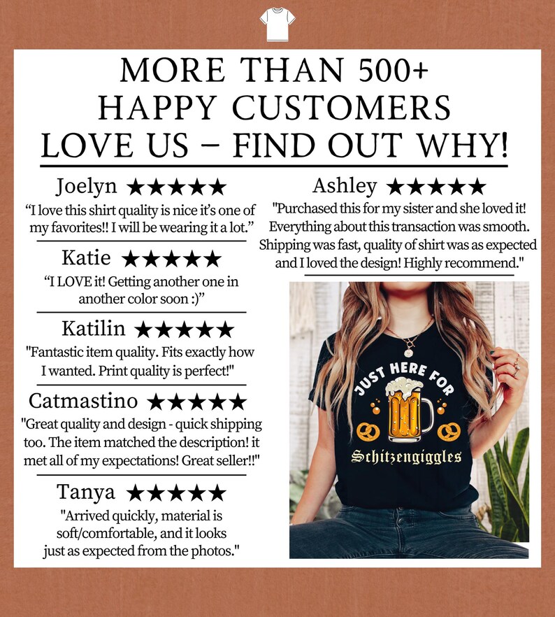 Op de afbeelding: Een zwart T-shirt met een witte afbeelding van een bierglas en pretzels met de tekst "Just Here For Schitzengiggles". Het shirt wordt gedragen door een persoon met lang bruin haar. De afbeelding bevat ook tekst met klantrecensies en beoordelingen.