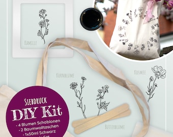 May include: DIY kit for screen printing with four flower stencils, two cotton tote bags, black fabric paint, and wooden applicators. The kit includes instructions for creating a floral design on the tote bags.