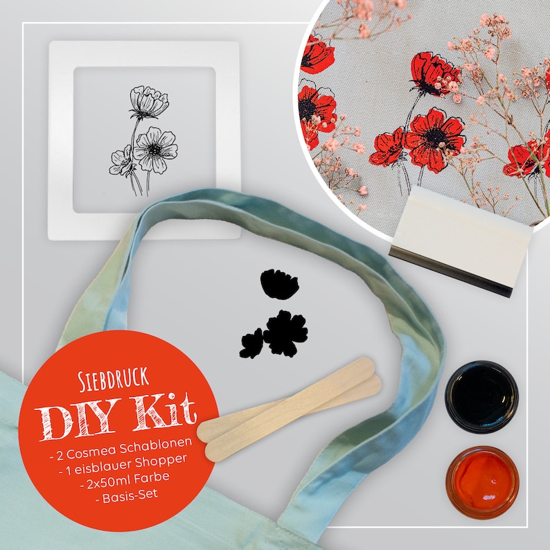 May include: DIY kit for screen printing with two Cosmea stencils, a light blue tote bag, two 50 ml bottles of paint, and a basic set of supplies. The kit includes a wooden applicator, a black ink pad, and a red ink pad.