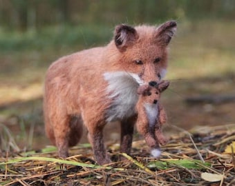 Nadelgefilzter Fuchs, Fuchsskulptur, Fuchsmutter mit Baby, Nadelgefilztes Tier, Geschenk für Fuchsliebhaber