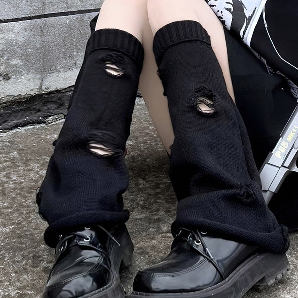 Black Personalized Ripped Leg Warmer Women's Autumn and Winter Y2g Subculture Foot Sock Hot Girl Wide Leg Calf Socks JK Bunching Socks