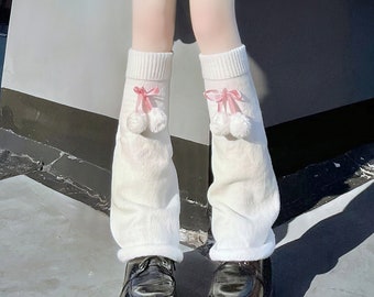 Calcetines largos de bola de piel de niña japonesa, calcetines sueltos  blancos lindos para tejer -  España