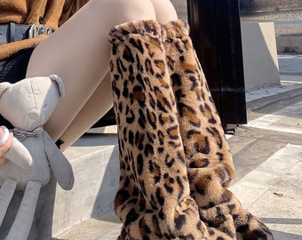 American Style Y2K Leopard Print Socks, Hot Girl Sexy Soft Imitation Fur Warm Thick Stockings, Leg Warmers for Autumn Winter