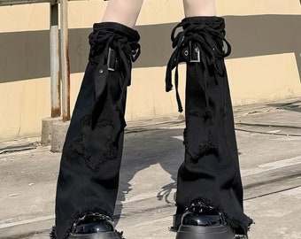 Y2k Fashion Black Subculture Leg Warmers, Hot Girl Flared Long Socks, Black Straps Denim Leg Warmers for JK Girls