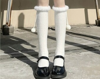 Knitted Warm Thigh High socks with Pom Pom ball,  Kawaii Warmers Wool Ball Thigh High Leg Warmers Over The Knee Y2k Winter Leg Warmer 