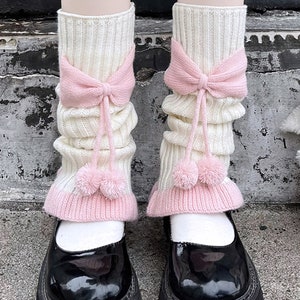 Cute Japanese Lolita Leg Warmers, Sweet Rib Bow Footless Socks, Ruffle Bubble Calf Open Heel Socks, Loose Pompom Knit Toeless Socks