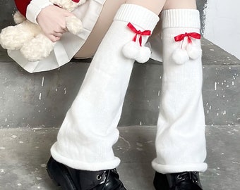 Japanese Student Girl Style Kawaii Socks Loose Knitted Leg Warmers Bubble Knee High Boot Stockings with Red Balls