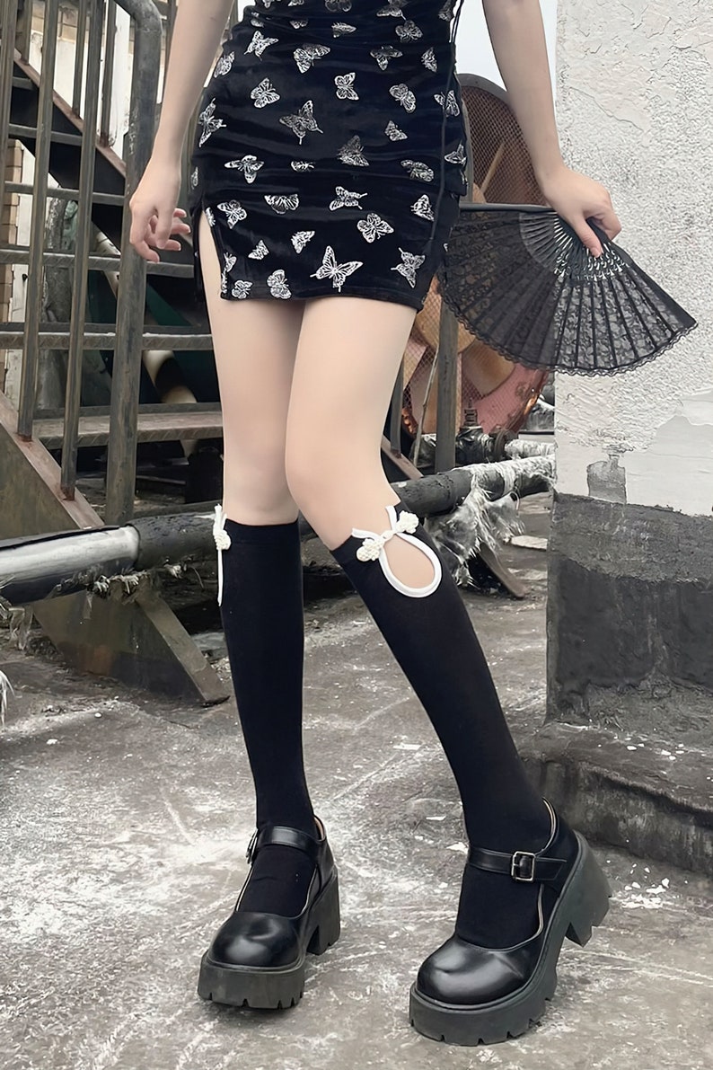 Chinese Cheongsam Socks Black Chinese Knot Pearl Tube Socks - Etsy