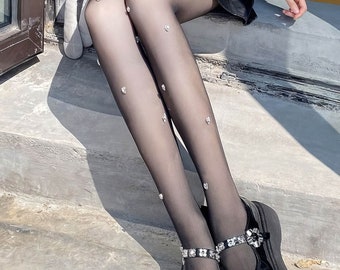 Sexy and Hot! Heavy Duty Heart-shaped Rhinestone Black Stockings, Exuding Feminine Charm!