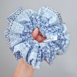 Giant Blue Patterned Cotton Scrunchie - Large Hair Accessory - XL Hair Tie - Hair Care