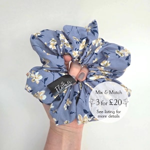Giant Blue/Grey Floral Scrunchie - Large Hair Accessory - XL Hair Tie - 100% Cotton Scrunchie