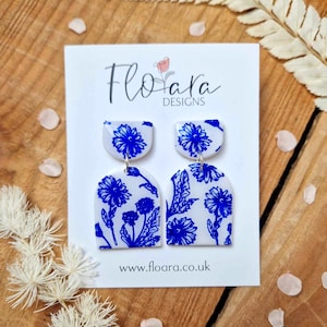 Handmade Polymer Clay White and Blue Floral Printed Earrings - Spring Flowers -Spring Gift - Gifts For Her - Dangly Earrings