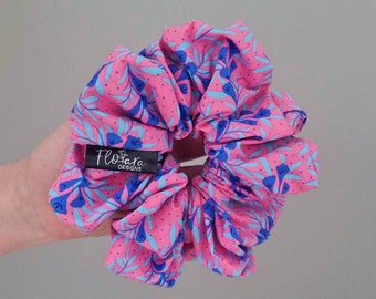 Giant Pink/Blue Floral Cotton Scrunchie - Large Hair Accessory - XL Hair Tie - Hair Care