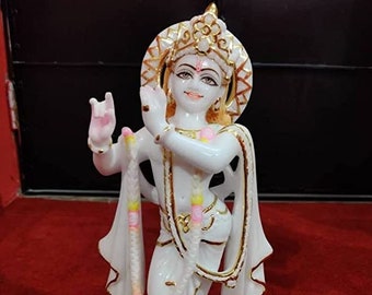 Jairi Traders 12 pouces (30 cm) Statue de marbre blanc de Krishna, statue du Seigneur Krishna, statue, statue de dieu hindou multicolore, standard