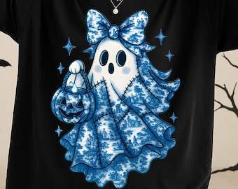 Halloween Blue Denim Ghost Png, Cute Boo Ghost Coquette Png, Fall Pumpkin Png, Spooky Season Png, Trendy Patchwork Spooky Ghost Png