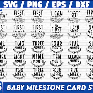 Lot de svg de carte d'étape de bébé, lot de Floral Baby Milestone : faire-part du mois, svg d'étape de bébé, svg hello world
