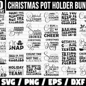 Może przedstawiać: Pakiet 30 cyfrowych wzorów na podkładki pod garnki świąteczne w czerni i bieli. Wzory zawierają różne świąteczne powiedzenia i ilustracje, takie jak "Wszystko czego potrzebujesz to miłość i ciasteczka", "Pieczenie przez śnieg" i "Święty Mikołaj, zatrzymaj się tutaj, mamy ciasteczka".