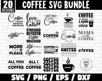 May include: A set of 20 black and white coffee-themed SVG designs. The designs feature various coffee-related quotes and illustrations, such as "Coffee is the most important meal of the day", "Love you a latte", "Coffee lover", "Mama needs coffee", and "Coffee is always a good idea".