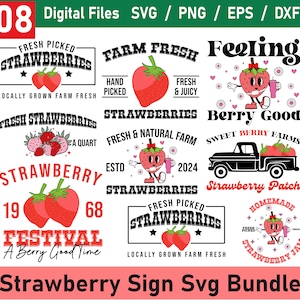 Puede incluir: Un conjunto de 10 archivos digitales para crear letreros con temática de fresa. Los diseños presentan fresas, texto e ilustraciones. El texto incluye "Fresas recién cosechadas", "Fresco de la granja", "Sintiendo bien en bayas", "Granjas de bayas dulces", "Parche de fresas", "Festival de fresas" y "Mermelada de fresa casera".