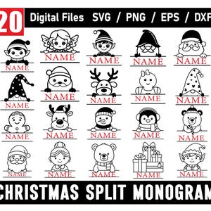 Könnte beinhalten: Ein digitales Dateiset mit 20 Weihnachts-Split-Monogramm-Designs. Jedes Design zeigt einen festlichen Charakter mit Platz für einen Namen. Erhältlich in den Formaten SVG, PNG, EPS und DXF. Der Text "CHRISTMAS SPLIT MONOGRAM" befindet sich unten.