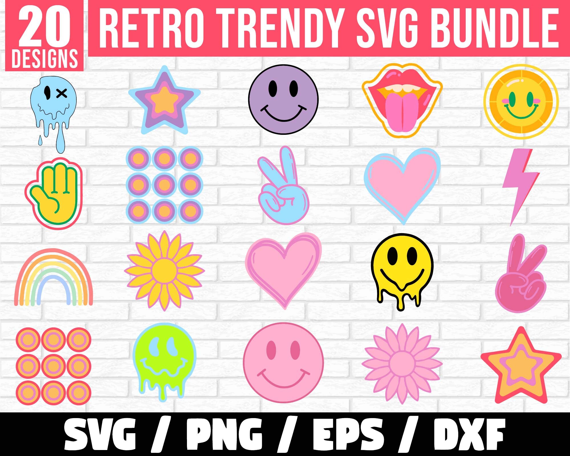 Retro Trendy Svg Bundle, Happy Face SVG, Groovy Png, Red Pink SVG, Daisy Flower Svg, Hippie Boho svg, Trendy Clipart, Boho groovy svg,
