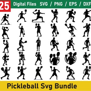 Puede incluir: Un conjunto de 25 diseños SVG en silueta en blanco y negro que representan jugadores de pickleball en varias poses. Los diseños son perfectos para crear manualidades, logotipos y otros proyectos.