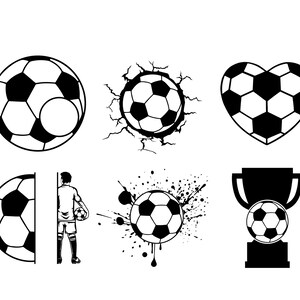 Peut inclure: Illustrations en noir et blanc sur le th&egrave;me du football. L'image comprend un ballon de football, un ballon de football brisant un mur, un ballon de football en forme de c&oelig;ur, un joueur de football, un ballon de football avec des &eacute;claboussures de peinture et un troph&eacute;e avec un ballon de football.