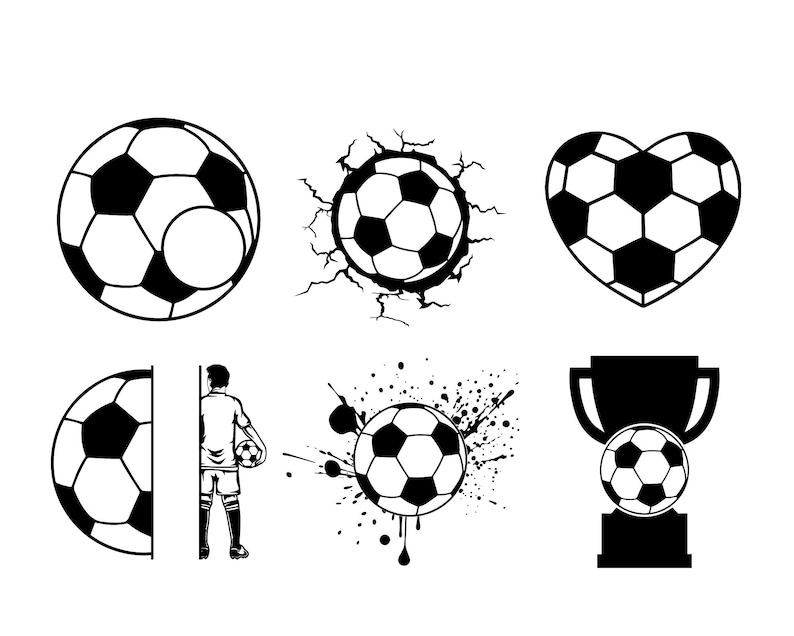 Peut inclure: Illustrations en noir et blanc sur le th&egrave;me du football. L'image comprend un ballon de football, un ballon de football brisant un mur, un ballon de football en forme de c&oelig;ur, un joueur de football, un ballon de football avec des &eacute;claboussures de peinture et un troph&eacute;e avec un ballon de football.