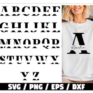 Puede incluir: Alfabeto en blanco y negro con un diseño recortado. Una sudadera blanca con una gran letra negra "A" y el nombre "Amelia" en cursiva. La parte inferior de la imagen tiene el texto "SVG / PNG / EPS / DXF".