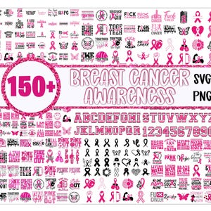 Puede incluir: Una colección de más de 150 gráficos SVG y PNG rosas y negros de Concienciación sobre el Cáncer de Mama. Incluye lazos, texto, mariposas y un alfabeto completo y números. Las palabras "Breast Cancer Awareness" se muestran de forma destacada.
