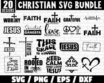 Puede incluir: Un conjunto de 20 diseños SVG cristianos con varias frases y símbolos religiosos, incluyendo cruces, corazones y la palabra "Fe". Los diseños son en blanco y negro y son perfectos para proyectos de manualidades.