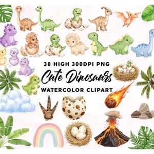 Könnte beinhalten: Aquarell-Clipart mit verschiedenen niedlichen Dinosauriern in verschiedenen Farben und Posen, einschließlich dem Schlüpfen aus Eiern. Das Bild enthält auch einen Vulkan, einen Regenbogen und den Text "Cute Dinosaurs WATERCOLOR CLIPART".