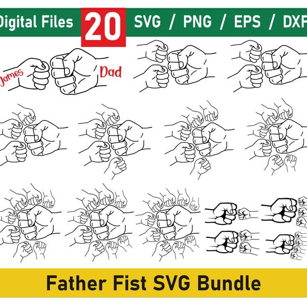 父の日のフィストバンプセットバンドル、父の愛のSVG、赤ちゃんと幼児のお父さんのフィストバンプ、家族のSVG、お父さんのフィストバンプSVG、カスタマイズされた名前のSVG