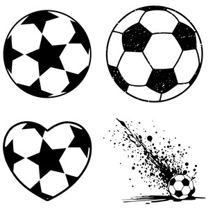 Peut inclure: Quatre motifs de ballon de football en noir et blanc. Deux sont traditionnels, un en forme de c&oelig;ur et le dernier avec un effet d'&eacute;claboussure. Tous les motifs sont de style graphique simple.