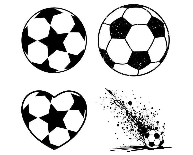 Peut inclure: Quatre motifs de ballon de football en noir et blanc. Deux sont traditionnels, un en forme de c&oelig;ur et le dernier avec un effet d'&eacute;claboussure. Tous les motifs sont de style graphique simple.