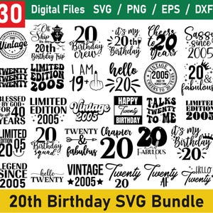 Pacote Svg de 20º aniversário, Svg de feliz aniversário, Svg de camisa de aniversário, Clipart de aniversário, Svg vintage de 2005, Arquivo de corte Cricut, Svg de vinte aniversários
