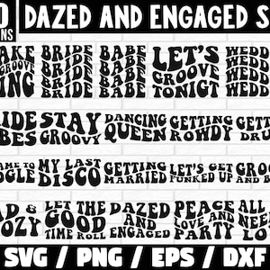 May include: 20 black and white retro-style designs for wedding invitations, cards, or party decorations. The designs feature phrases like "Shake Your Groove Thing", "Bride Vibes", "Let's Groove Tonight", "Getting Rowdy", "Dazed and Engaged", and "Peace Love and Party".