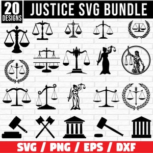Könnte beinhalten: Ein Set mit 20 schwarz-weißen SVG-Designs zum Thema Gerechtigkeit. Die Designs beinhalten Justizwagen, Hammer, Gerichtsgebäude und Lorbeerkränze. Der Text "JUSTICE SVG BUNDLE" und "20 DESIGNS" befindet sich oben im Bild. Der Text "SVG / PNG / EPS / DXF" befindet sich unten im Bild.