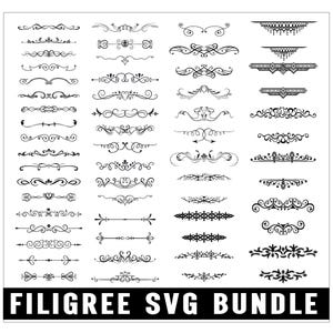 Puede incluir: Una colección de diseños de filigrana negros en varios estilos, incluyendo espirales, líneas y bordes decorativos. Los diseños se muestran sobre un fondo blanco, con el texto "FILIGREE SVG BUNDLE" en un rectángulo negro en la parte inferior.