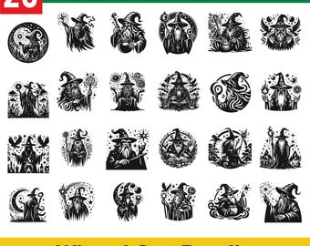 May include: A set of 25 black and white wizard SVG illustrations. The illustrations feature wizards in various poses, including casting spells, holding staffs, and reading books. The text "Wizard Svg Bundle" is at the bottom of the image.