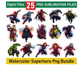 Può includere: Un set di 25 file PNG di sublimazione di supereroi ad acquerello digitali. Le immagini presentano vari supereroi, tra cui Iron Man, Spider-Man, Hulk, Thor, Capitan America, Wolverine, Deadpool e molti altri. Le immagini sono in stile acquerello con uno sfondo colorato.