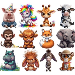 Pode incluir: Ilustrações de animais de desenho animado, incluindo um porco com um chapéu de festa, um unicórnio com uma crina arco-íris, uma girafa, uma vaca, um macaco, um touro, uma raposa, um elefante, um hipopótamo, um coelho, um burro e um tigre.