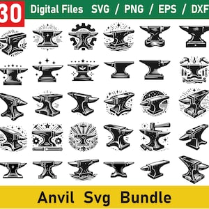 May include: A set of 30 black and white anvil SVG designs. The designs feature various styles of anvils, including traditional, modern, and stylized. The designs are perfect for use in crafting, scrapbooking, and other creative projects.