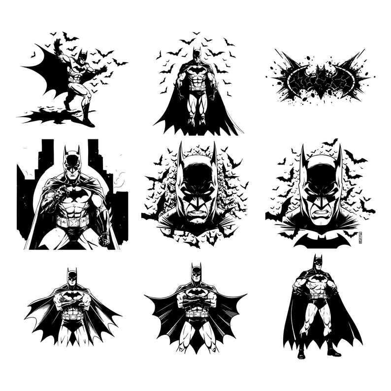 K&ouml;nnte beinhalten: Ein Set aus neun Schwarzwei&szlig;illustrationen mit Batman. Die Illustrationen zeigen Batman in verschiedenen Posen, darunter stehend, fliegend und k&auml;mpfend. Einige Illustrationen zeigen einen Hintergrund aus Flederm&auml;usen.