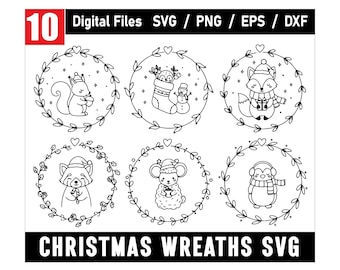 May include: A digital file set featuring six black and white Christmas wreath designs. Each wreath contains a different festive animal, including a squirrel, fox, and penguin. The text "CHRISTMAS WREATHS SVG" is displayed at the bottom.