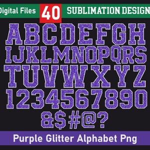 Pacote de alfabeto esportivo roxo com glitter PNG, conjunto de letras e números bordados com glitter roxo falso com lantejoulas, esporte com glitter