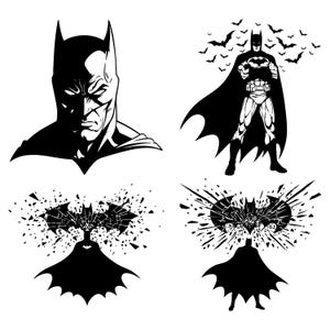 K&ouml;nnte beinhalten: Schwarz-wei&szlig;-Illustration von Batman in vier verschiedenen Posen. Das erste Bild zeigt eine Nahaufnahme von Batmans Gesicht. Das zweite Bild zeigt Batman stehend mit seinem Umhang, der hinter ihm weht. Das dritte und vierte Bild zeigen Batmans Symbol, umgeben von zerbrochenem Glas.