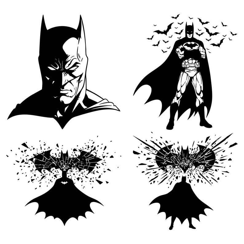 K&ouml;nnte beinhalten: Schwarz-wei&szlig;-Illustration von Batman in vier verschiedenen Posen. Das erste Bild zeigt eine Nahaufnahme von Batmans Gesicht. Das zweite Bild zeigt Batman stehend mit seinem Umhang, der hinter ihm weht. Das dritte und vierte Bild zeigen Batmans Symbol, umgeben von zerbrochenem Glas.