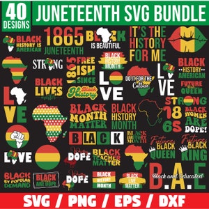 May include: A digital download of 40 SVG designs for Juneteenth. The designs feature a variety of text and images, including the words "Black History", "Juneteenth", "Black Lives Matter", "Black Queen", and "Black King". The designs are in black, red, green, and yellow.