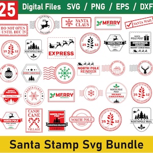 Pacote de selos de Natal SVG, saco de Papai Noel SVG, correio de rena SVG, selo de Papai Noel SVG, carta de Papai Noel SVG, selos do Polo Norte SVG, selos de Natal